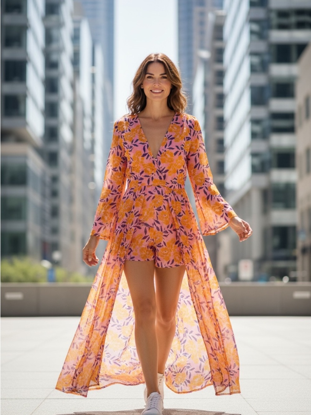 Floral V-Neck Wide-Leg Jumpsuit/romper in Orange and Purple